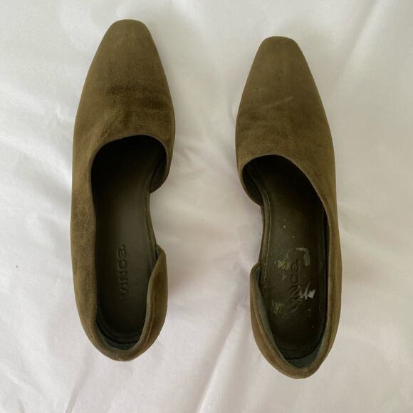 Vince Barolo Suede Wedge Heel Size 6.5 Olive Green Square Toe Casual D'Orsay - Picture 5 of 13